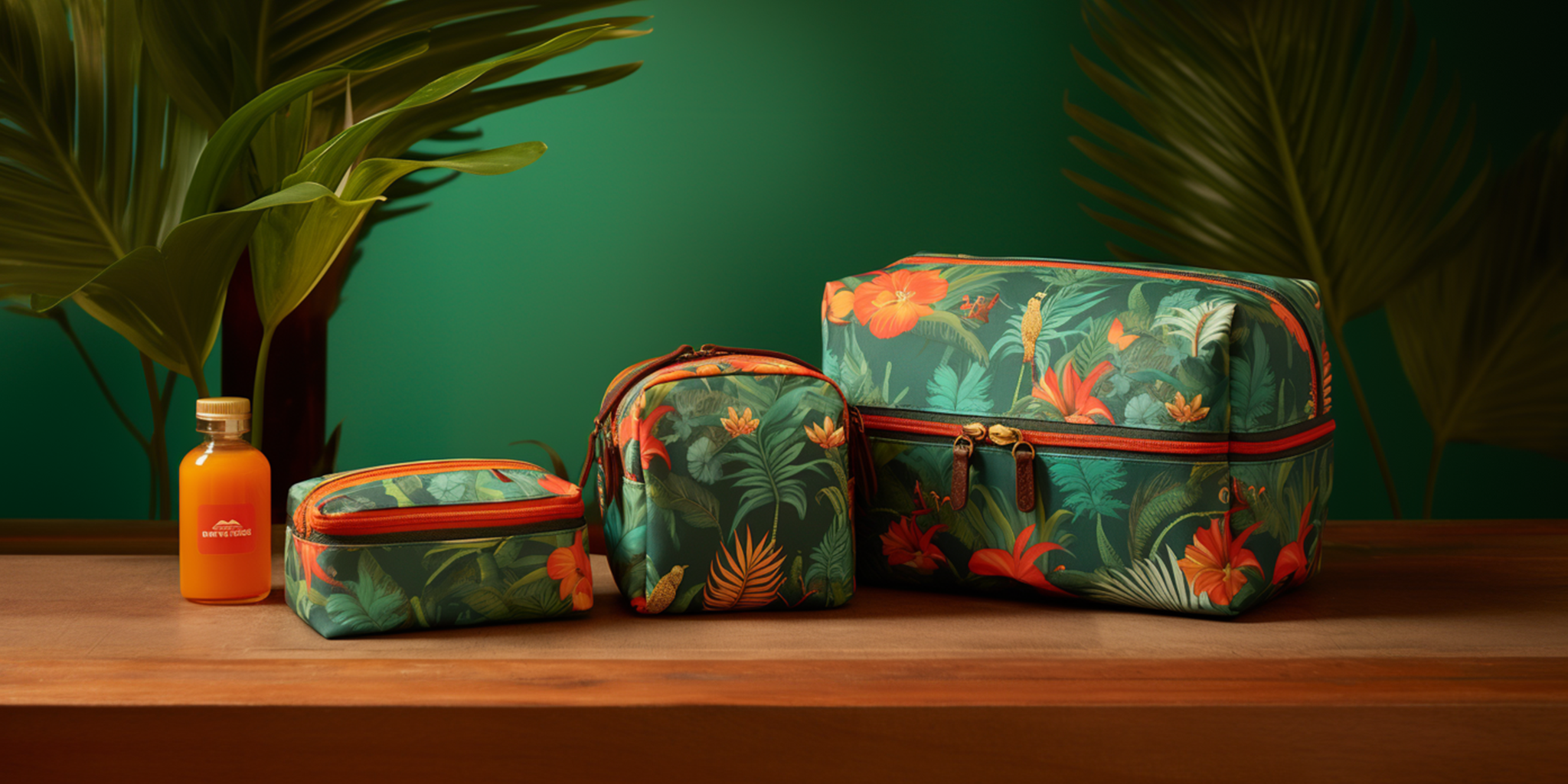 Traveling tote bags and toiletry bags with tropical designs and exotic flowers in various colors and patterns